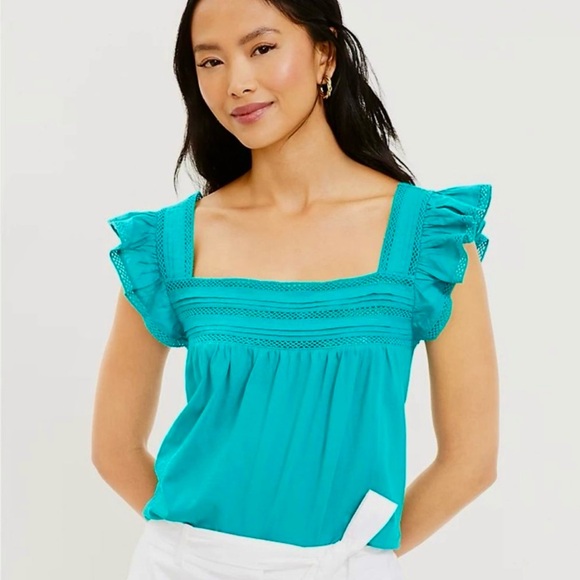 Ann Taylor LOFT Turquoise Blouse with Lace and Flutter Sleeves Women’s Size XL - Picture 4 of 14